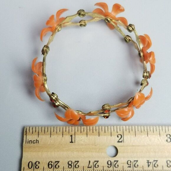 Vintage Orange Plastic Flower Rhinestone Expansion Stretch Bangle Bracelet Retro - Picture 6 of 9